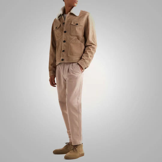Mens Shearling Lined Brown Leather Trucker Jacket