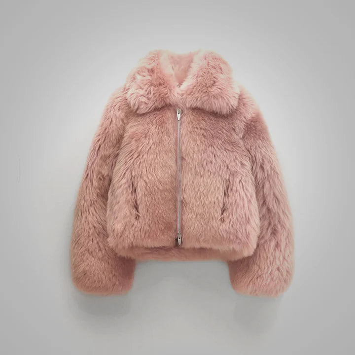 Pink Shearling Short Leather Jacket for Women
