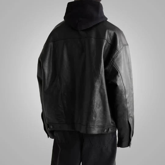 Mens Army Black Suede Shearling Leather Trucker Jacket