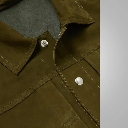 Mens Olive Green Lambskin Leather Trucker Jacket Classic Design