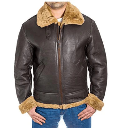 Aviator Faux Fur Brown Sheepskin Leather Jacket