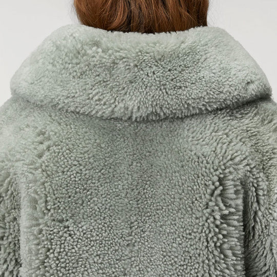 Womens Grey Shearling Fur Jacket with Oversized Collar & Brushed Zippers