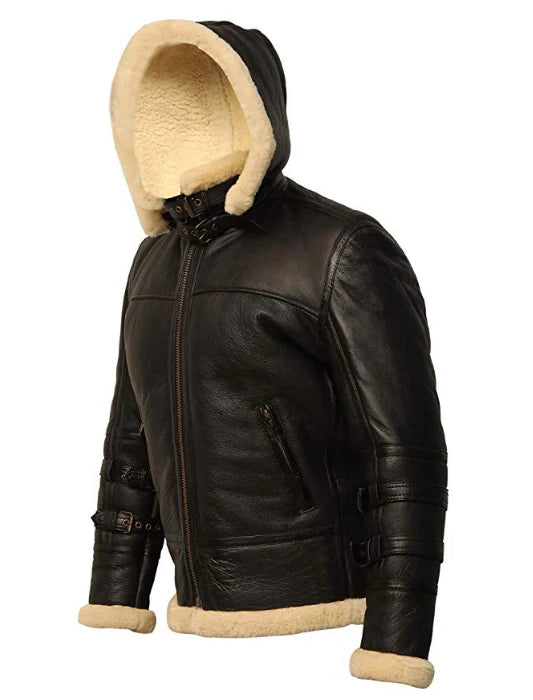 B3 Black Leather Jacket with Removable Hood