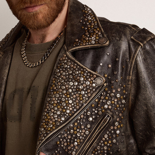 Mens Brown Studded Distressed Lambskin Leather Jacket