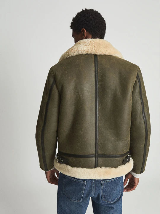 Army Green Shearling Leather Aviator Jacket