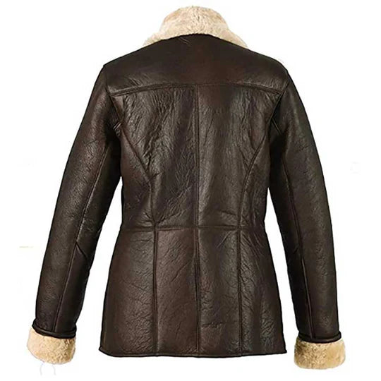 Women Dark Brown Fur Collar Shearling Aviator Leather Jacket