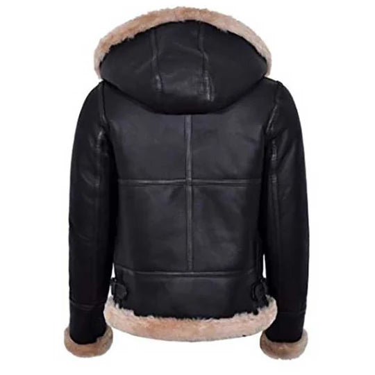 Women Hooded Flying Aviator Shearling Leather Jacket