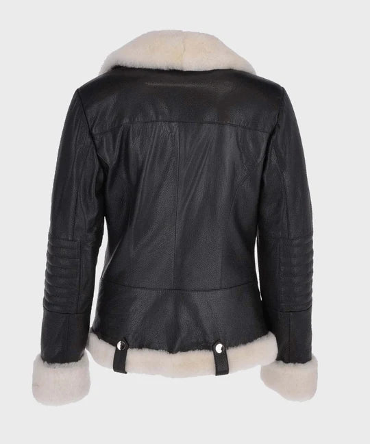 Womens Black Shearling Motorcycle Leather Jacket
