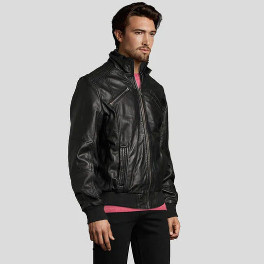 Mike Black Lambskin Bomber Leather Jacket
