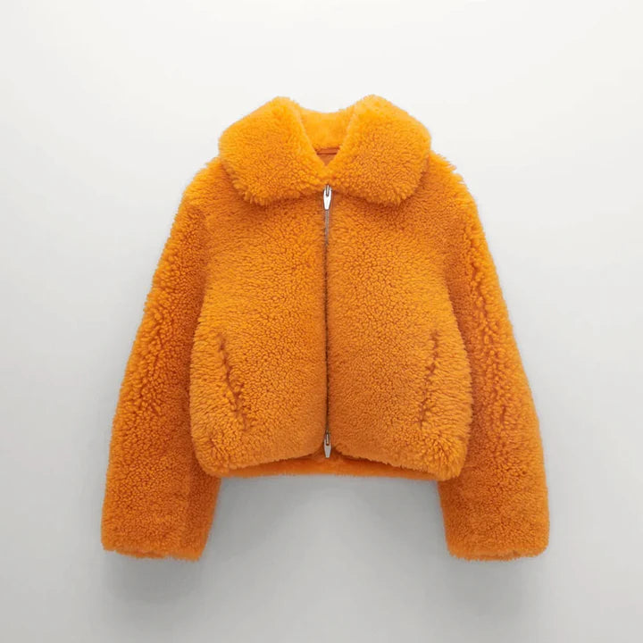 Womens Orange Luxury Fox Fur Shearling Jacket