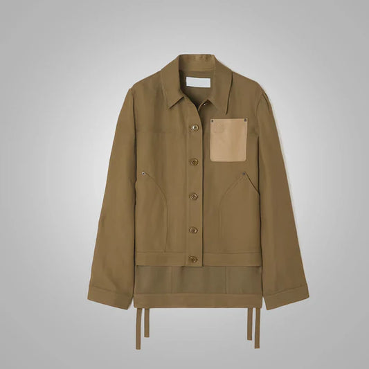 New Womens Army Green Solid Cloth Button Leather Shirt