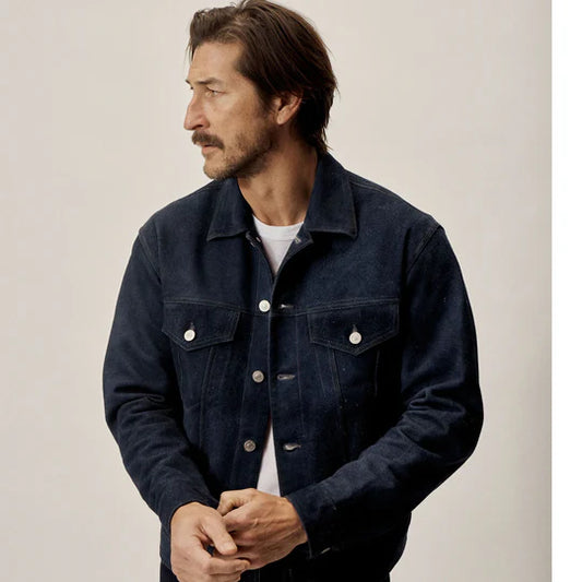 Mens Blue Suede Leather Jacket Shirt Style