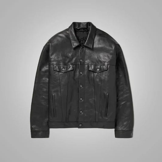 Mens Army Black Suede Shearling Leather Trucker Jacket