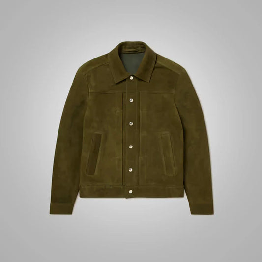 Mens Olive Green Lambskin Leather Trucker Jacket Classic Design
