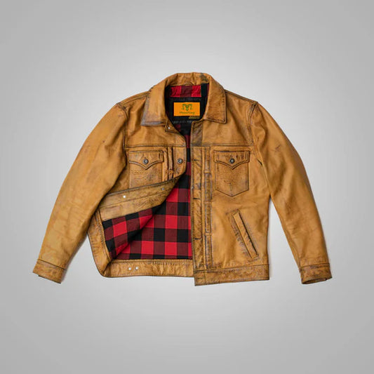 Mens Brown Four Pocket Distressed Leather Jacket