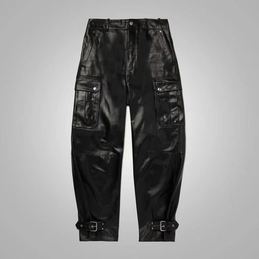Mens Black Real Leather Cargo Pants