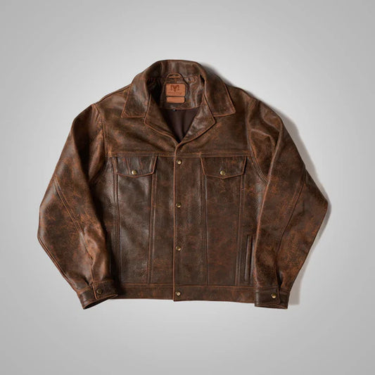 Men Brown Distressed Real Leather Four Pocket Jacket