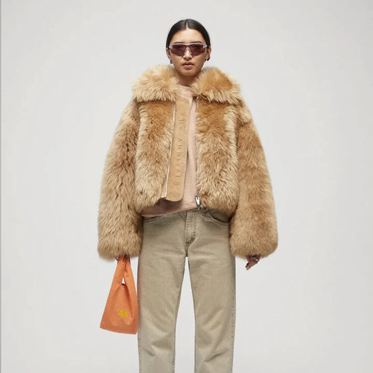 Brown Womens Genuine Shearling Leather Jacket