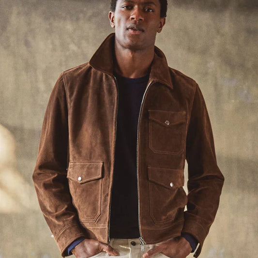Mens Tan Brown Suede Leather Bomber Jacket