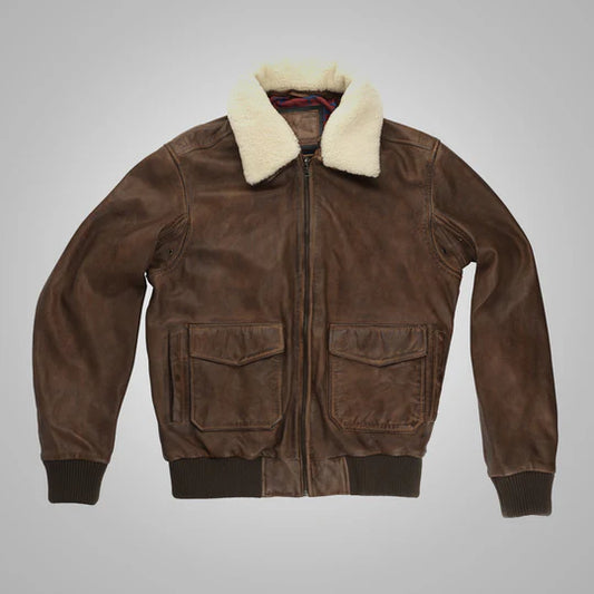 Mens Brown Waxed Sheepskin Aviator Flight Leather Jacket