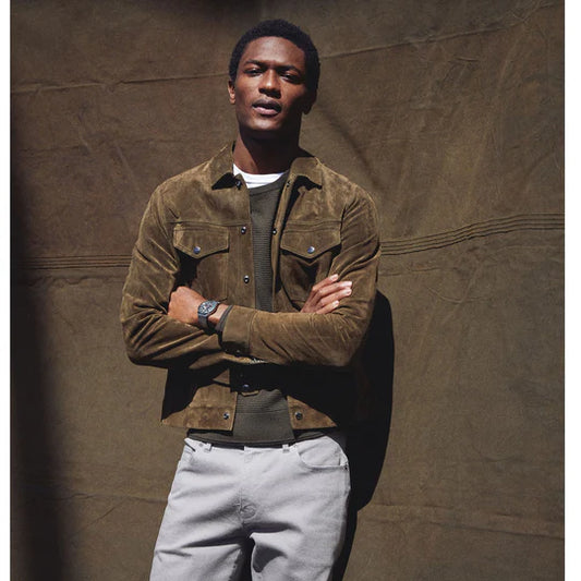 Mens Olive Suede Leather Shirt Jeans Jacket