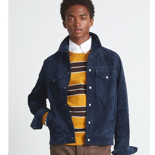 Mens Blue Suede Leather Biker Shirt Jacket Classic Style