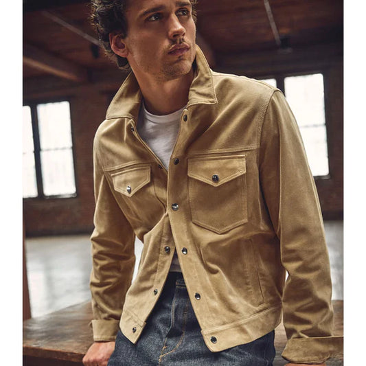 Mens Cream Brown Suede Leather Shirt Jacket