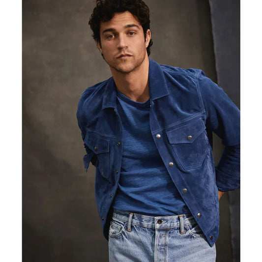 Mens Chocolate Medium Blue Suede Leather Bomber Jacket