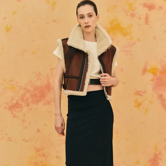 Womens Brown Shearling Cropped Aviator Vest