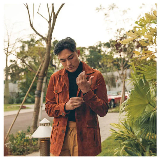 Mens Cream Brown Suede Leather Bomber Shirt Jacket