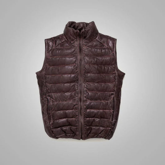 Mens Dark Brown Bubble Sheepskin Leather Down Vest
