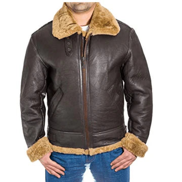 Aviator Faux Fur Brown Sheepskin Leather Jacket