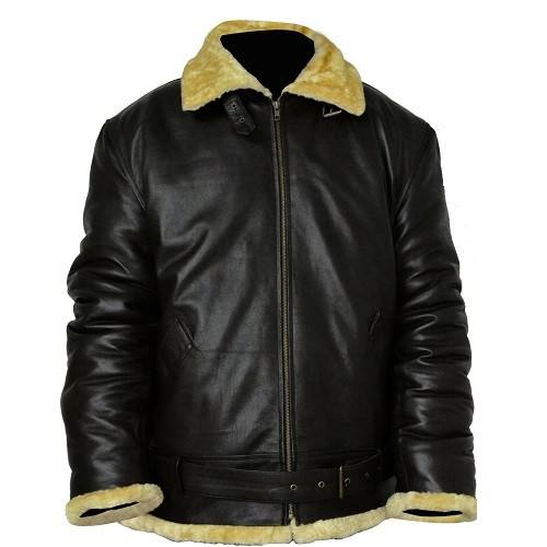 Aviator Black Sheepskin Leather Jacket for Mens