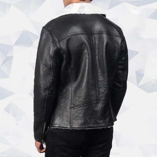 Alberto White Shearling Black Leather Jacket for Men