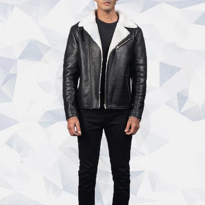 Alberto White Shearling Black Leather Jacket for Men