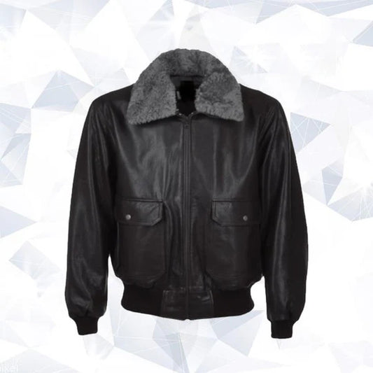 Aviator Fur Collar Black Sheepskin Leather Jacket