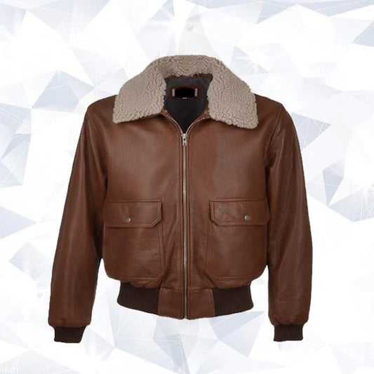 Aviator Fur Collar Brown Sheepskin Leather Jacket