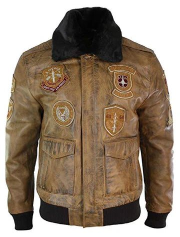 Aviator Mens Fur Collar Bomber Leather Jacket