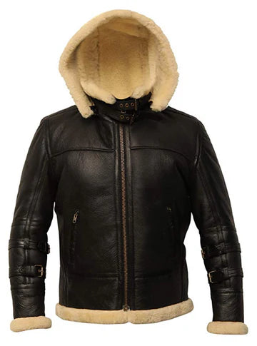 B3  Black Leather Jacket with Removable Hood