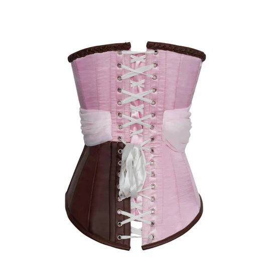 Adrion Pink Satin and Faux Leather Braided Trimming Corset