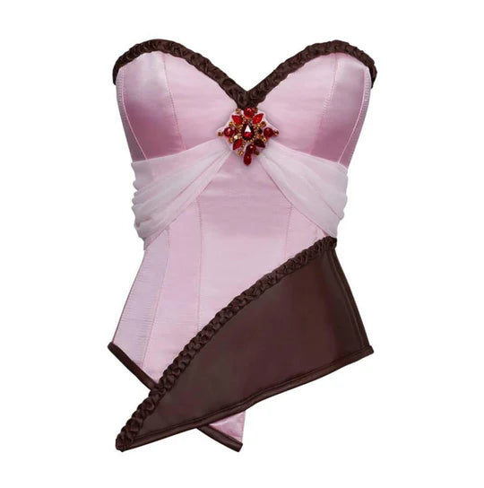 Adrion Pink Satin and Faux Leather Braided Trimming Corset