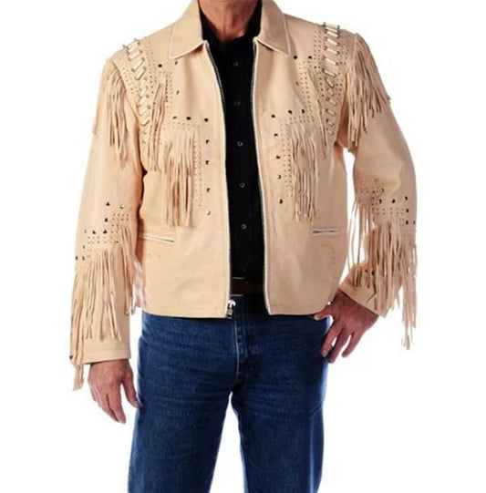Mens 1980s Cream Western Cowboy Fringe Leather Jacket