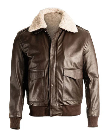 Mens Brown Pilot Bomber Shearling Leather Jacket