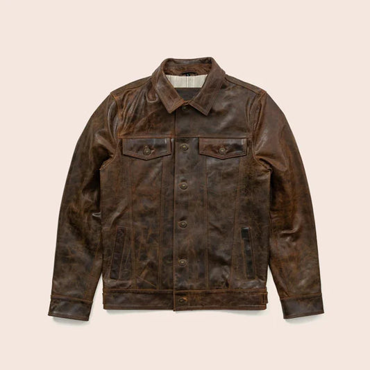 Mens Lambskin Iconic Brown Trucker Leather Jacket Classic & Durable