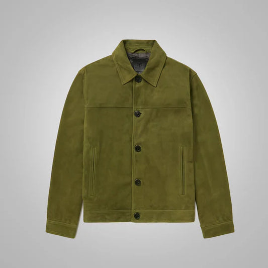 Mens Green Suede Leather Trucker Jacket Premium Shearling Design