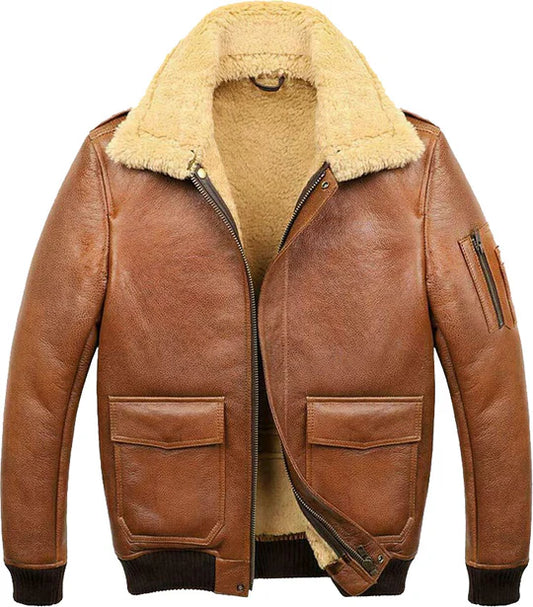 Mens Aviator Camel Brown A2 Fur Shearling Leather Bomber Jacket