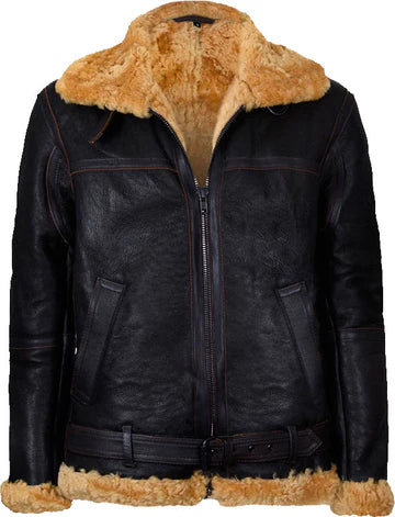 Mens Vintage Brown Flying Leather Jacket with Fur for Winter