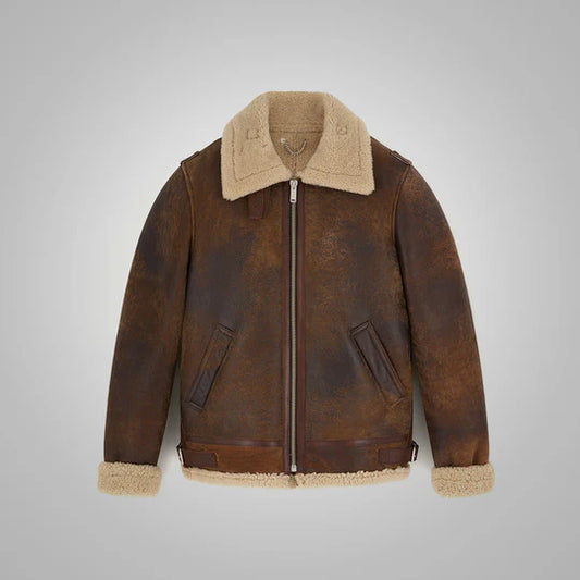 Men Brown Distressed Shearling Leather Jacket