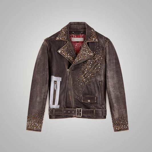 Mens Brown Studded Distressed Lambskin Leather Jacket