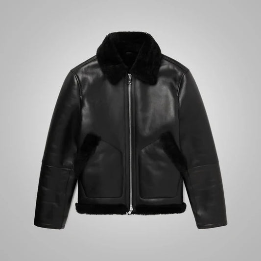 Mens Shearling Lined Black Nappa Leather Trucker Jacket